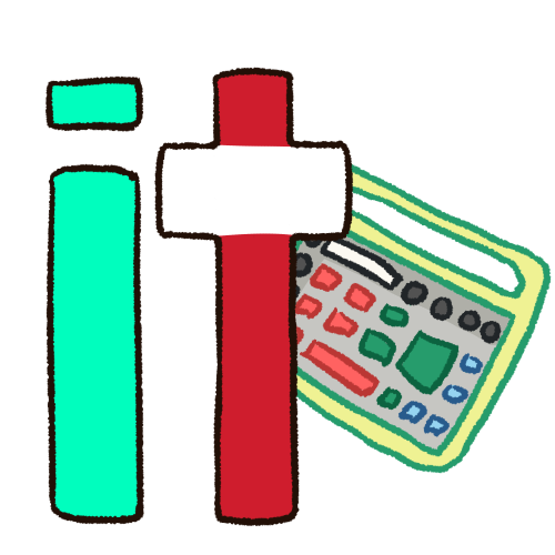 The word 'it' in teal, white, and red, written in large letters and taking up half the symbol. Next to it is a drawing of a light green AAC device. The lines of the device are coloured, the lines of the word are just black.